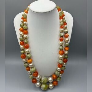 Vintage Faux Agate, Pearl & Apricot Acrylic Bead Necklace JP163